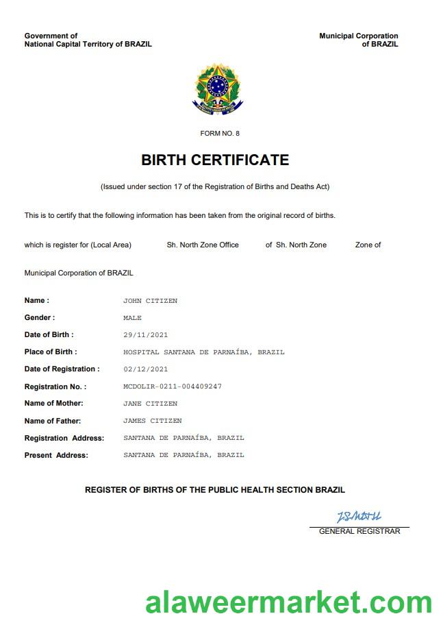 Brazil vital record birth certificate Word and PDF template